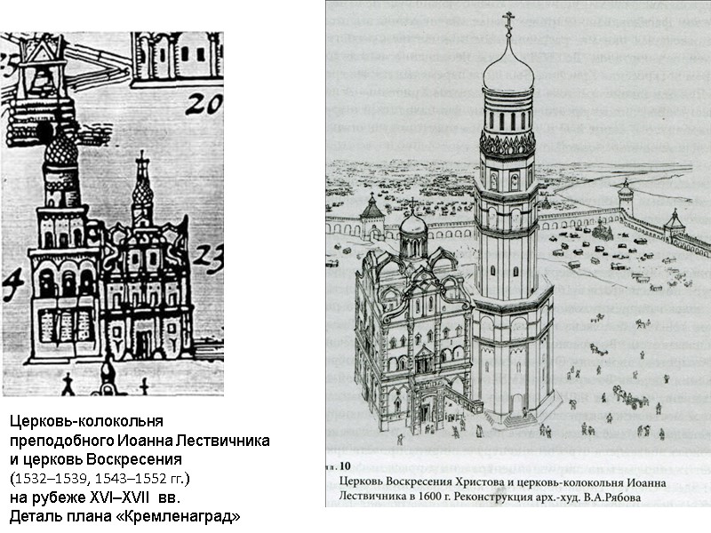 Церковь-колокольня преподобного Иоанна Лествичника и церковь Воскресения (1532–1539, 1543–1552 гг.) на рубеже XVI–XVII вв. Церковь-колокольня преподобного Иоанна Лествичника и церковь Воскресения (1532–1539, 1543–1552 гг.) на рубеже XVI–XVII вв.